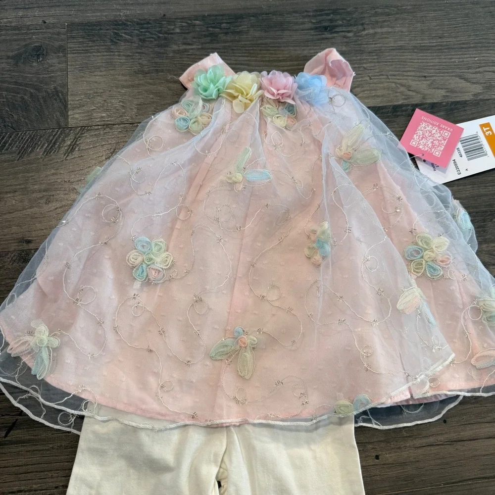 Rare Editions Pink & Cream Floral Tulle Top with Cream Leggings